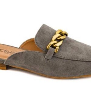 Corkys Gray Suede Mules with Gold Chain